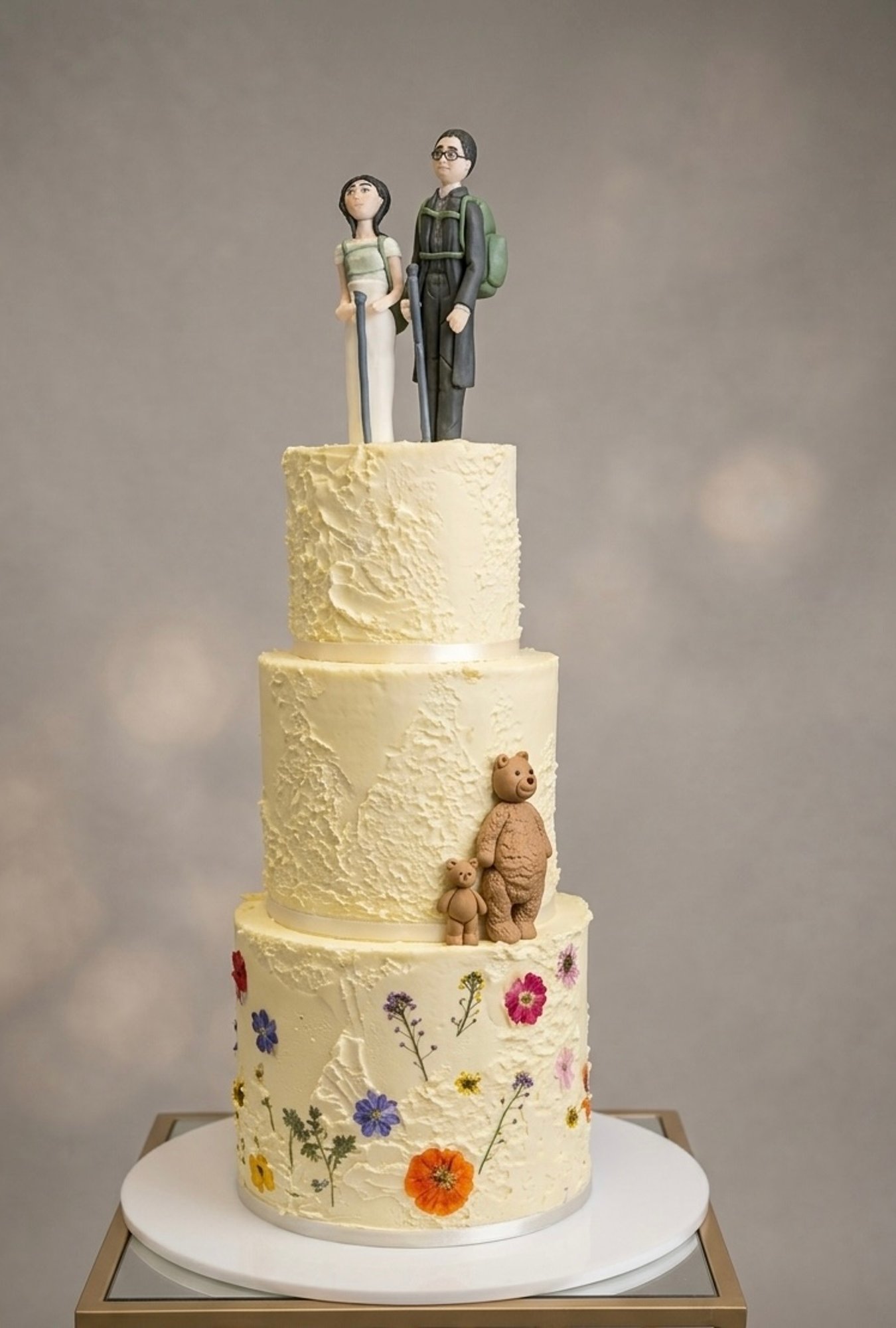 A three tier yellow cake with wild pressed flowers and two teddy bear figurines pressed to the side, topped with a bride and groom