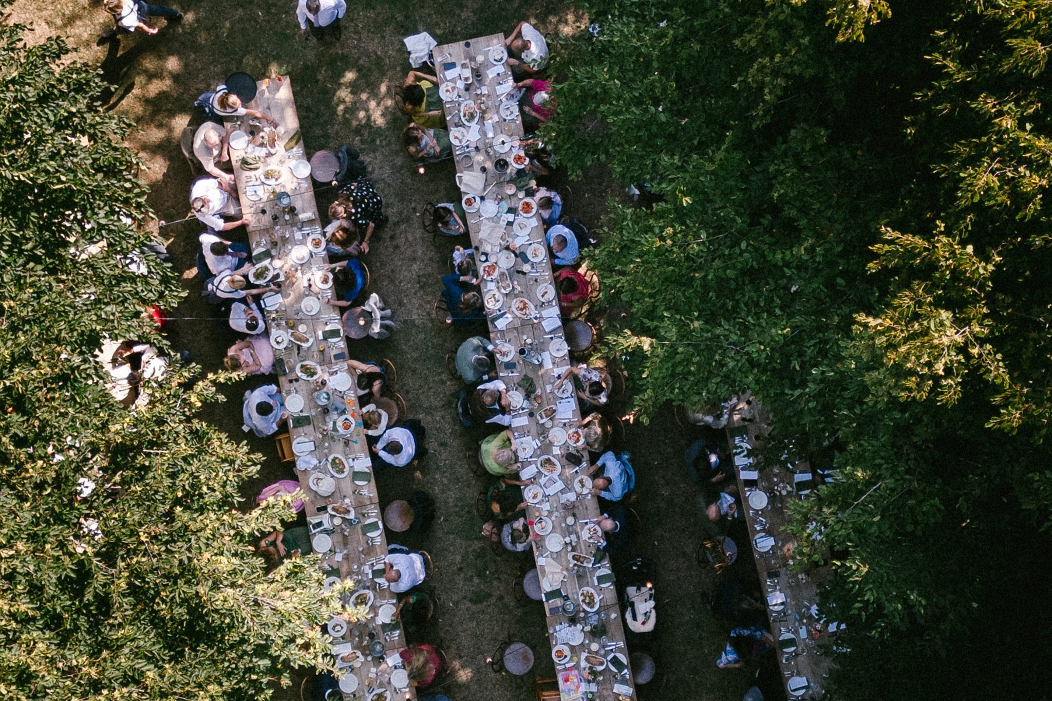 Aerial photo of a wedding reception outdoors