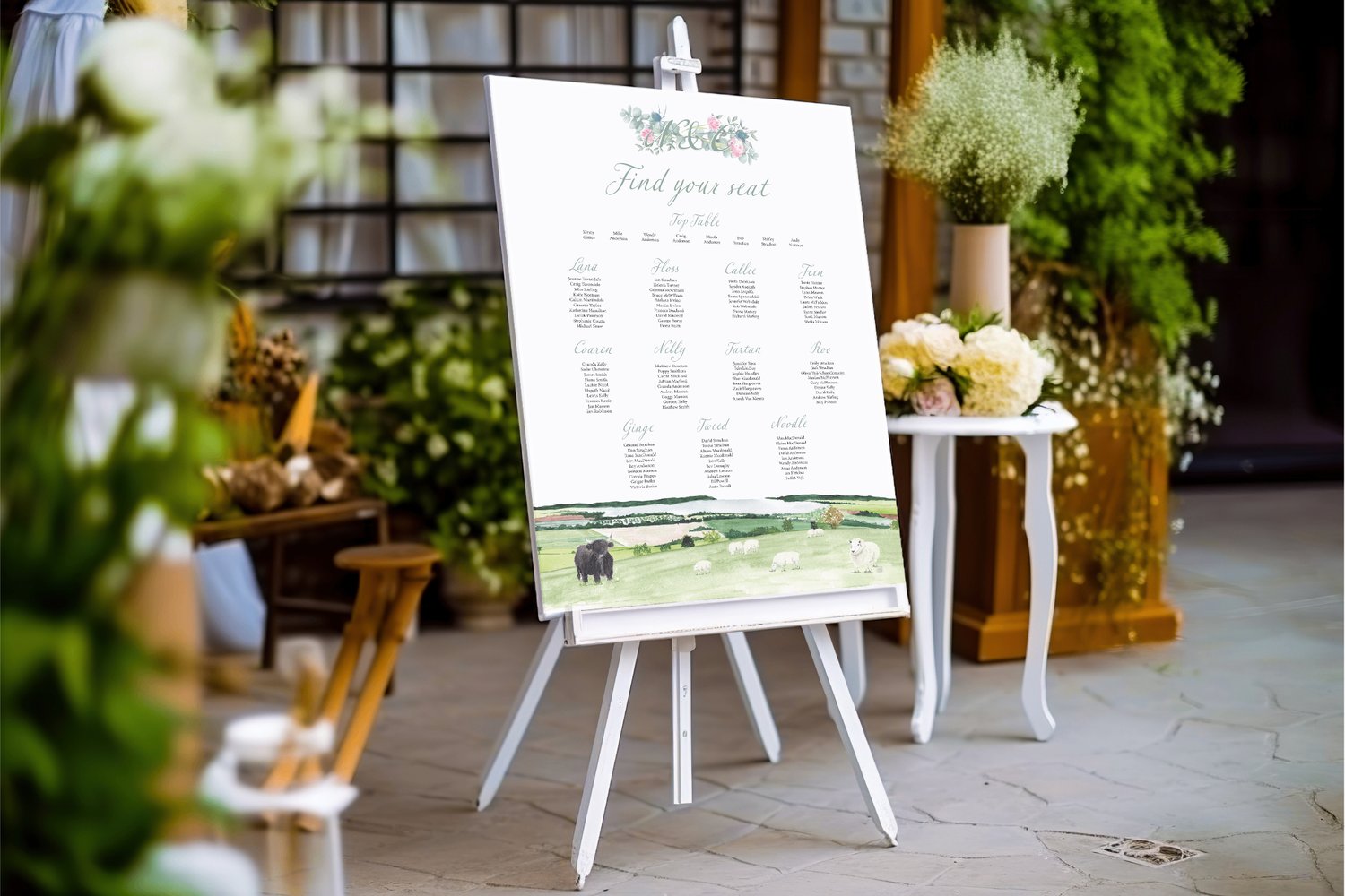 A large wedding sign of a countryside design with farm animals to help guests find their seat in a barn venue