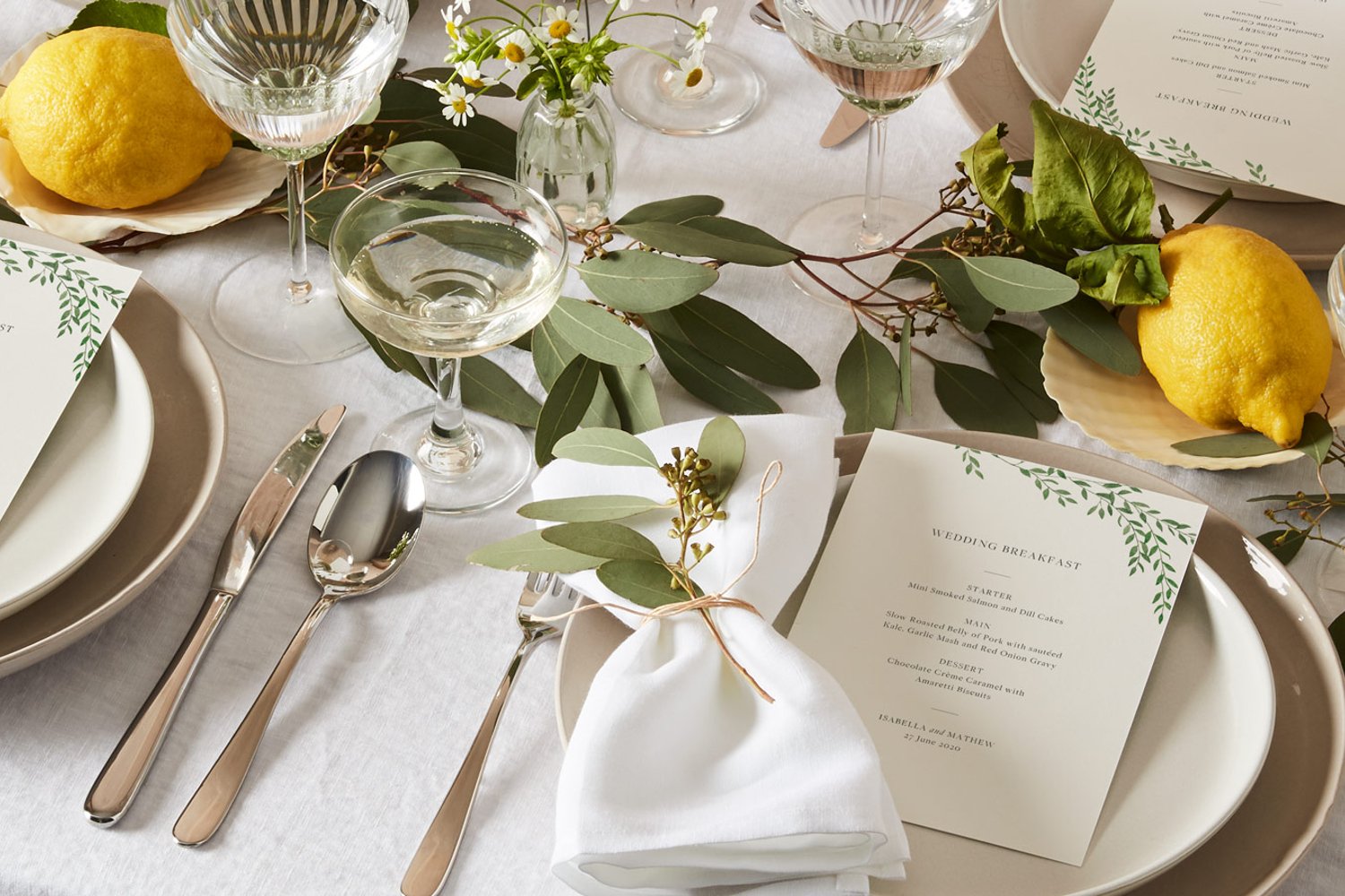 Wedding breakfast detail shot showing paper menus