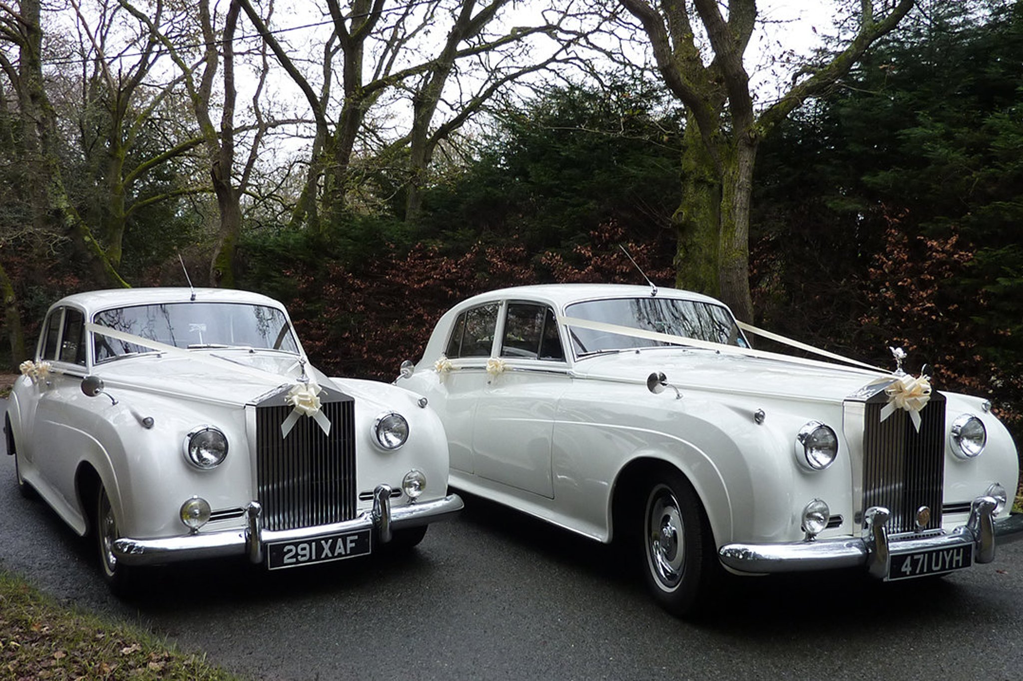 Two white vintage wedding cars decorated with ribbons