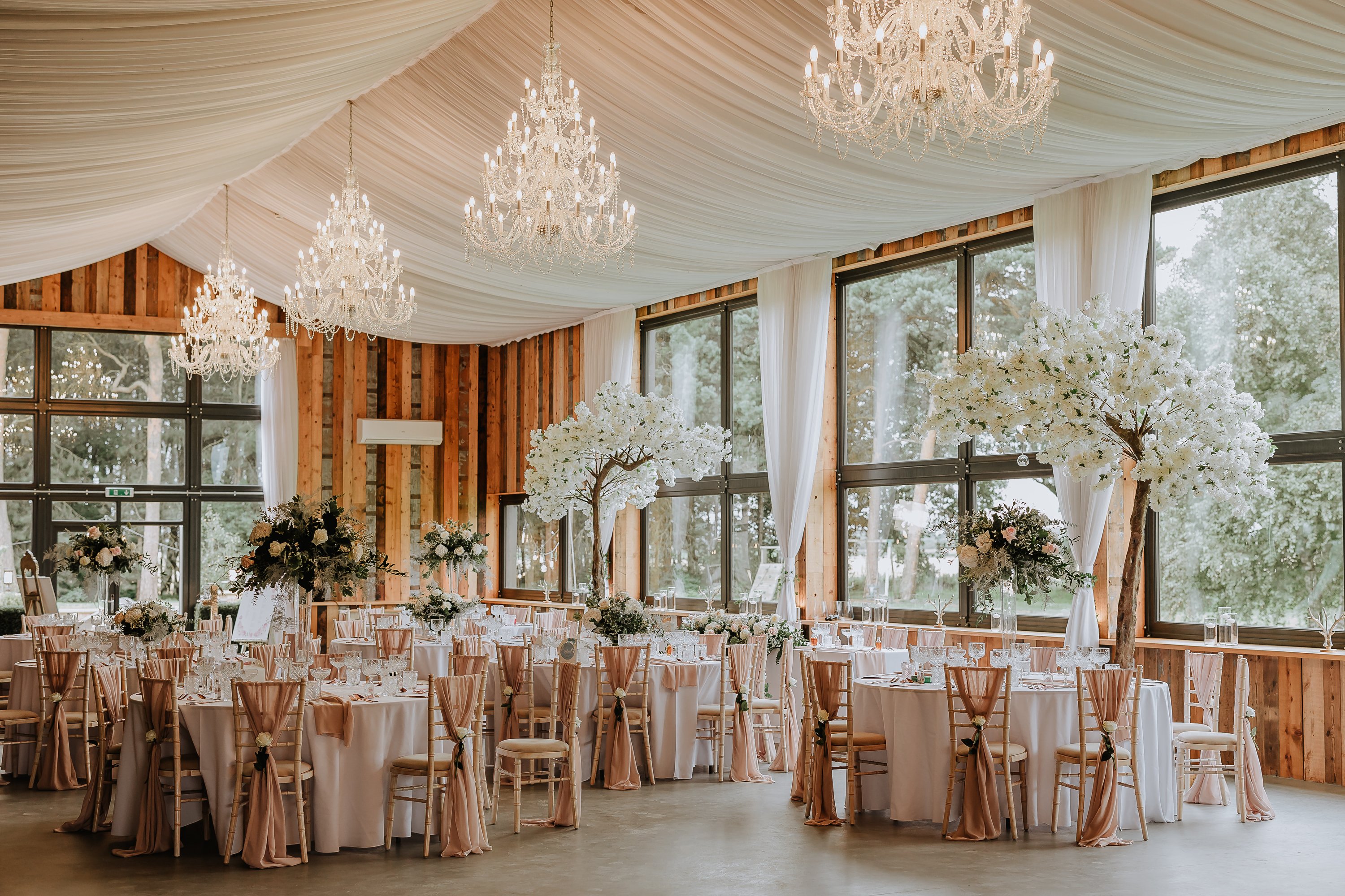 Elegant wedding reception set up at dry hire wedding venue Bunny Hill